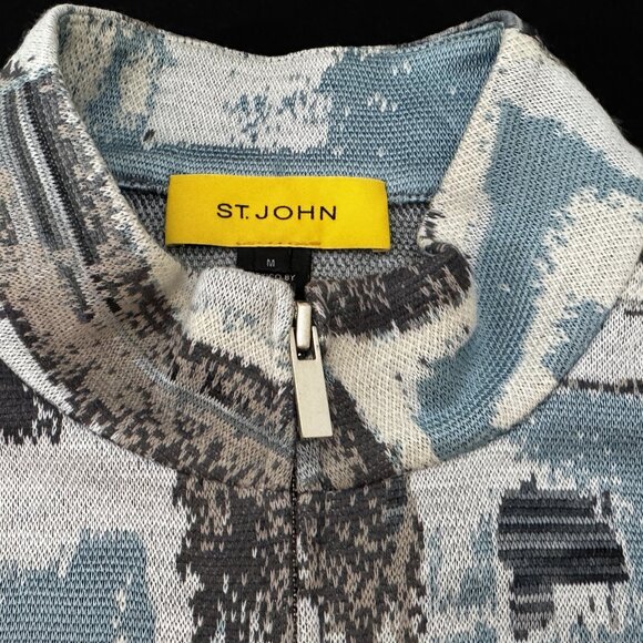 St John Womens Sweater Blue/Gray Abstract Pattern Zipper Wool Blend Knit Med. - Picture 3 of 7